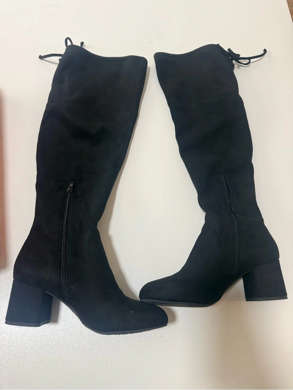 Kelly & Katie Black Suede-Look Over-the-Knee Block Heel Boots